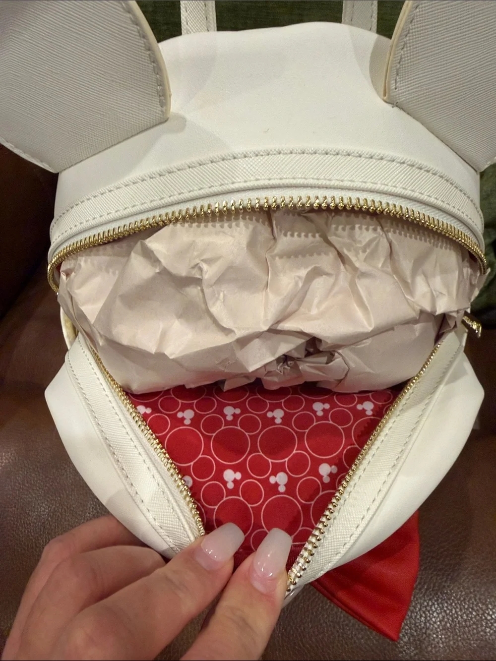 Loungefly White Minnie Ear Mini Backpack with Red Bow Accent
